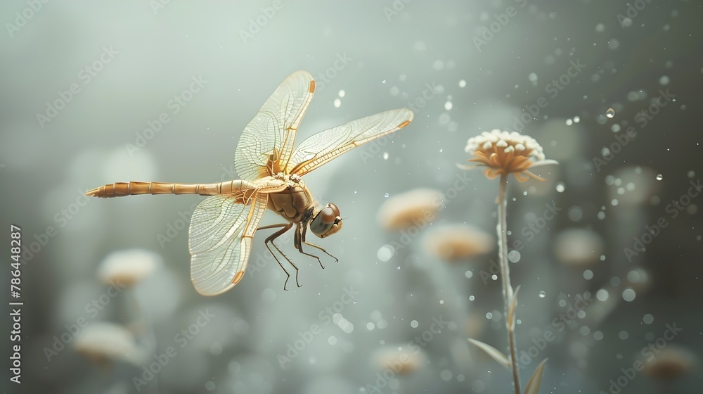 Naklejka premium Delicate Dragonfly Resting on a Flower Petal Surrounded by Dewdrops and Soft Light