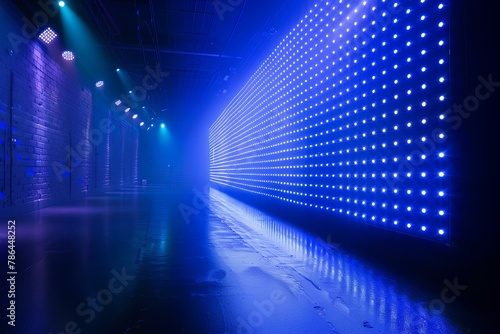 A room with a lot of lights on the wall and a wall of lights on the floor in the middle cyberpunk