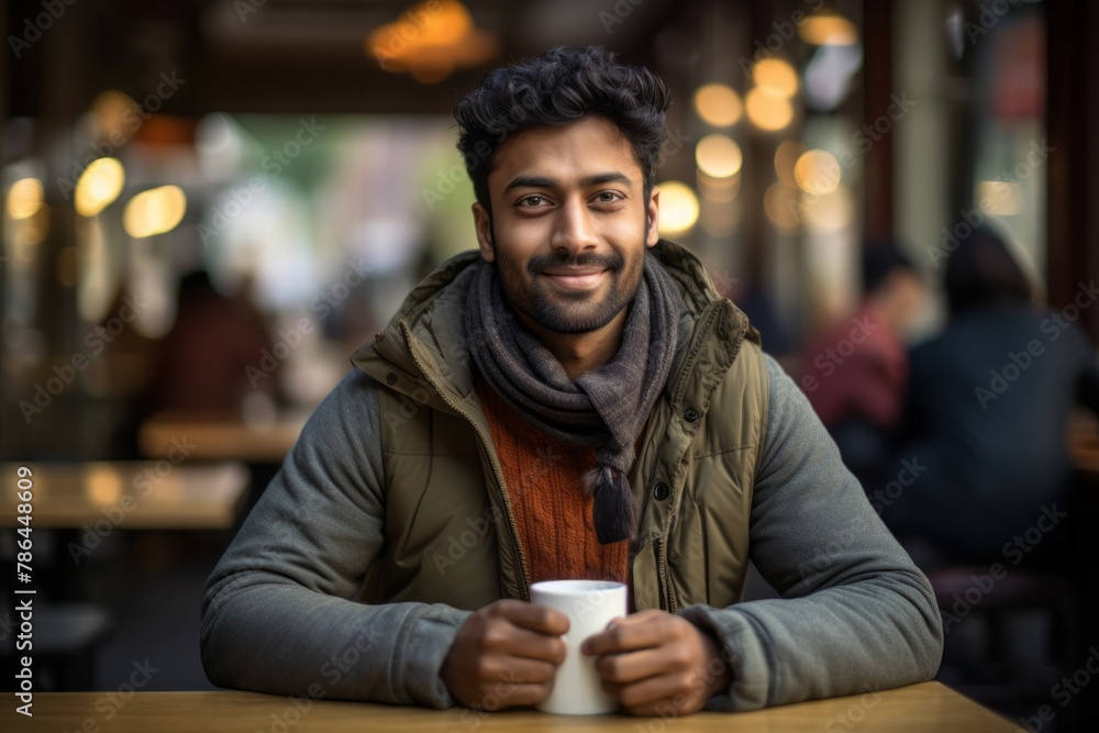 Portrait of a content indian man in his 30s dressed in a comfy fleece pullover while standing against bustling city cafe