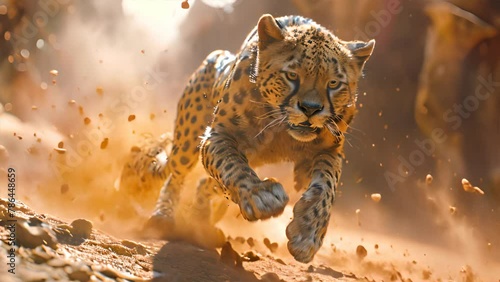 high-speed running , low angle, athletic cheetah,generative ai photo