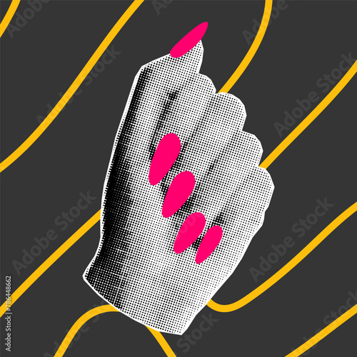 Halftone collage illustration of hand gesture with neon pink nails on dark background. Yellow bright doodle elements.