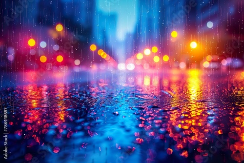 abstract pattern of night light and raindrop blur bokeh background on city street with different Beautiful colors glow in the dark, photo idea for creative design background concept with copy space