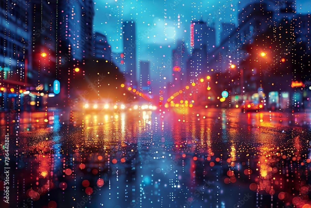 abstract pattern of night light and raindrop blur bokeh background on city street with different Beautiful colors glow in the dark, photo idea for creative design background concept with copy space