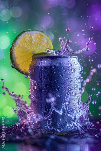 A can of soda with a lime wedge in it is splashing water