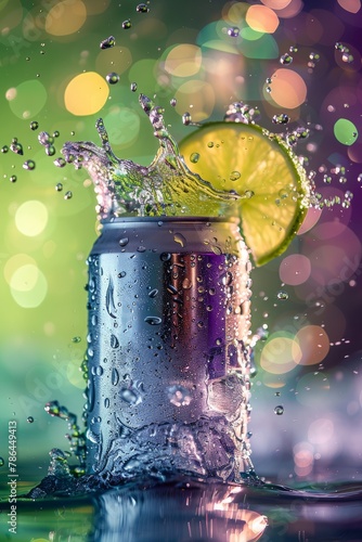 A can of soda with a lime slice in it is splashing water