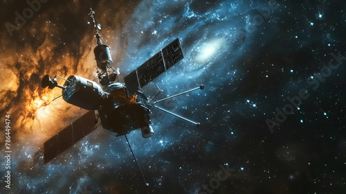 a satellite alone in space with a distant galaxy