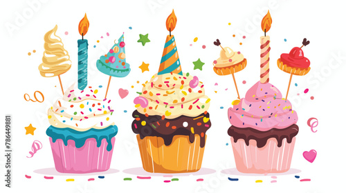Sweet cakes with candles and hat party flat vector isolated