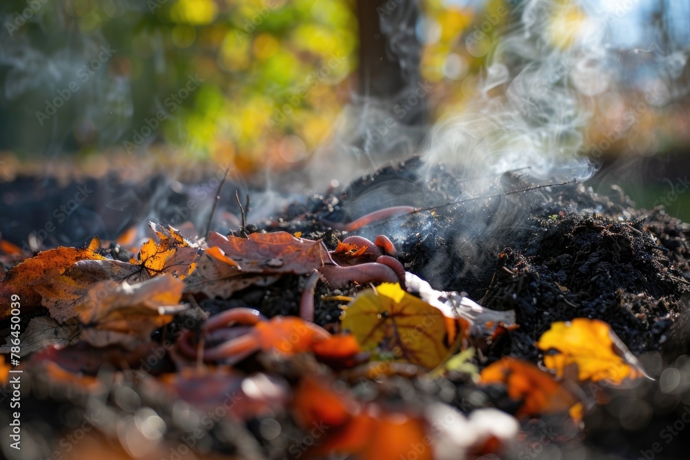Earthworms Emerging from Fertile Soil with Fresh Leaves and Steam in Garden Earthworms Emerging from Fertile Soil with Fresh Leaves and Steam in Garden