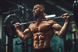 Closeup portrait of a muscular man workout with barbell at gym. Brutal bodybuilder athletic man with six pack, perfect abs, shoulders, biceps, triceps and chest. Deadlift barbells workout