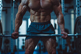 Closeup portrait of a muscular man workout with barbell at gym. Brutal bodybuilder athletic man with six pack, perfect abs, shoulders, biceps, triceps and chest. Deadlift barbells workout