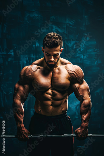 Closeup portrait of a muscular man workout with barbell at gym. Brutal bodybuilder athletic man with six pack, perfect abs, shoulders, biceps, triceps and chest. Deadlift barbells workout © Fabio