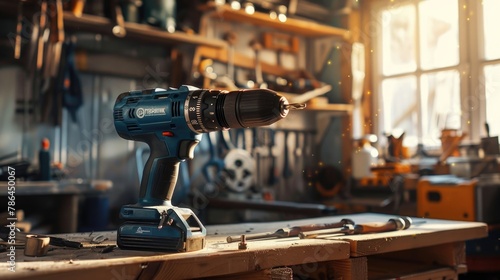 Black and blue power drill on workbench in carpentry workshop  surrounded tools.