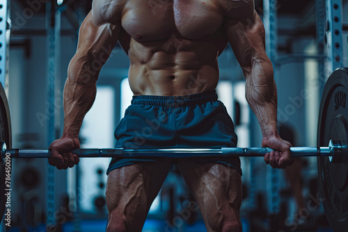 Closeup portrait of a muscular man workout with barbell at gym. Brutal bodybuilder athletic man with six pack, perfect abs, shoulders, biceps, triceps and chest. Deadlift barbells workout photo