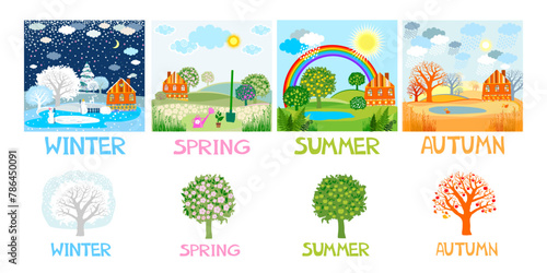 Four Seasons Banners with Trees and houses. Winter, spring, summer, autumn colour nature. Set. Landscape. Сards. Natural landscape at different times of year. Beautiful non-urban scenes. vector