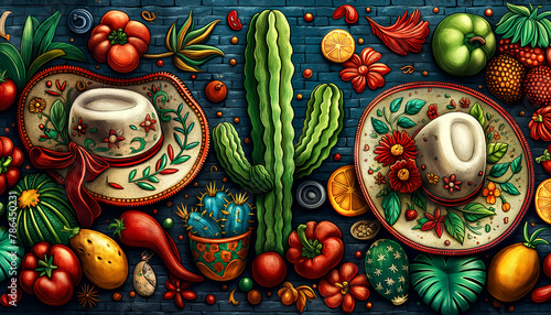 Cinco De Mayo concept with food, cactus and a sombrero. Mexican holiday traditions, colors mexican flag.