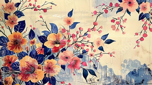 Vintage Japanese style floral background with watercolor flowers and leaves. Ai generative.
