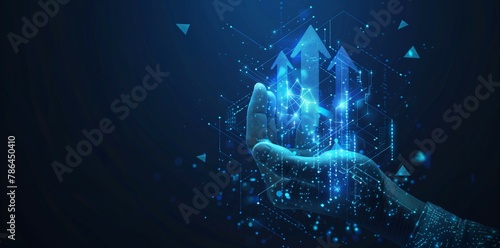 Digital hand grasping upward-trending arrows in futuristic low-poly style, symbolizing successful business strategy.