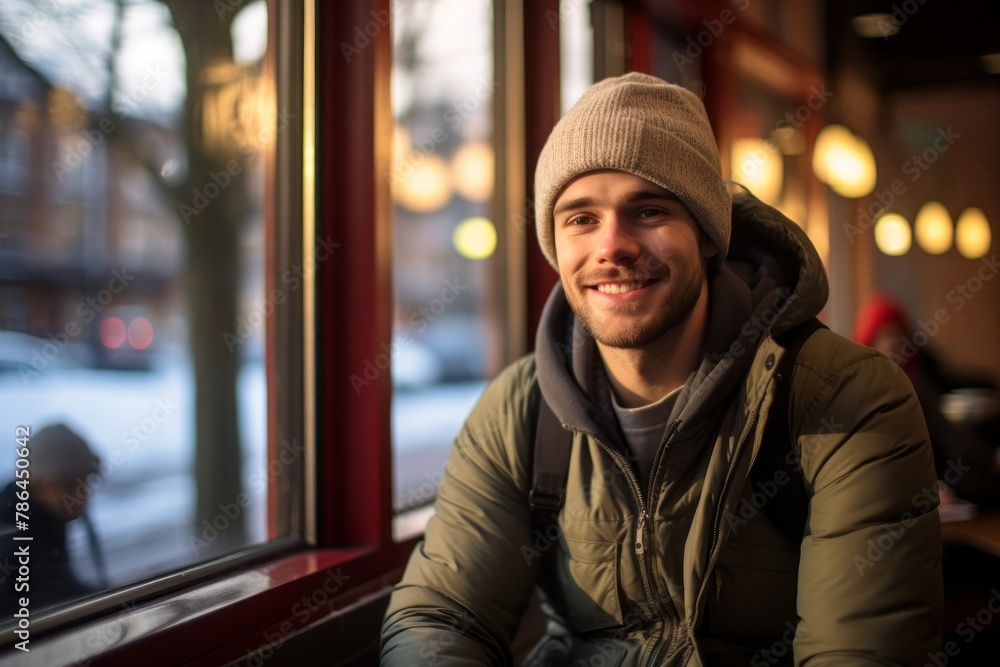 Portrait of a blissful man in his 20s dressed in a warm ski hat isolated on bustling city cafe