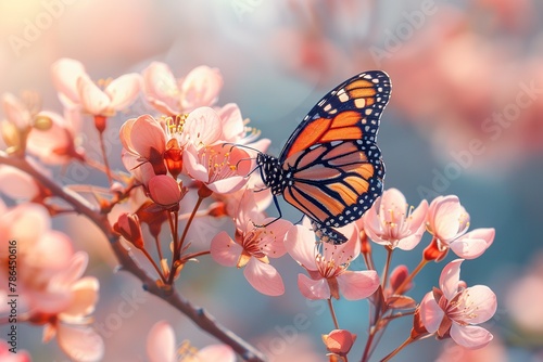 Beautiful spring nature background with butterfly  lovely blossom