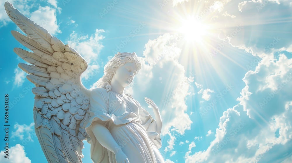 Beautiful angel statue with open wings in white on blue sky background.