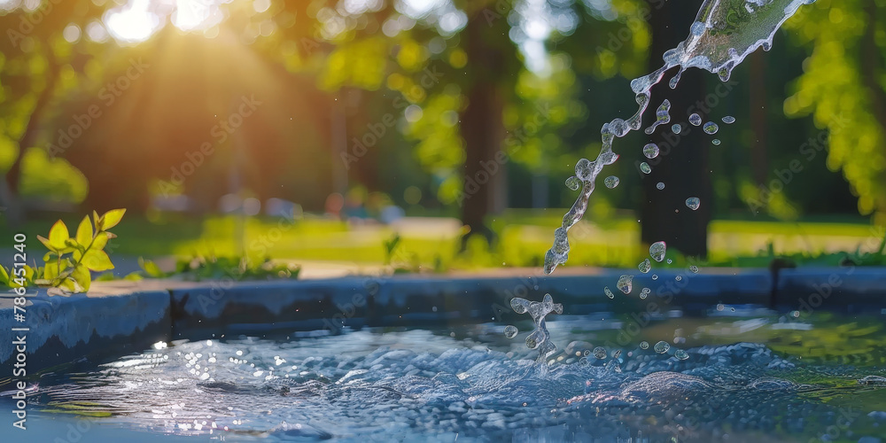 Water being poured from a spout in a park on a sunny day, fountain in the park - obrazy, fototapety, plakaty 