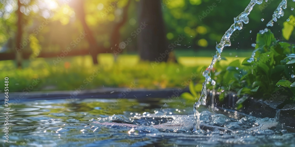 Water being poured from a spout in a park on a sunny day, fountain in the park Water being poured from a spout in a park on a sunny day, fountain in the park