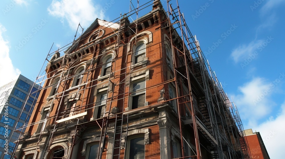 Victorian building under renovation with scaffolding against a blue sky. Victorian building under renovation with scaffolding against a blue sky.