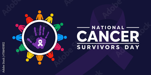National Cancer Survivors Day. People, hand and ribbon . Suitable for cards, banners, posters, social media and more. Dark blue background. 