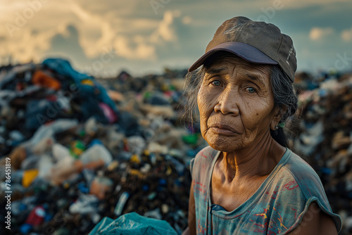 Portrait of a sad Asian Woman Amidst Waste at Landfill Site: Concept of waste management and environmental activism photo