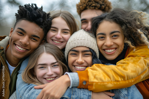 Multi ethnic young people team hugging together outside - International community of students support and help each other © Fabio