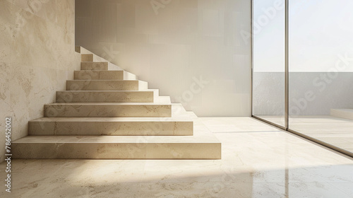 Polished beige stairs reflecting Scandinavian design in a stylish lounge with a window.