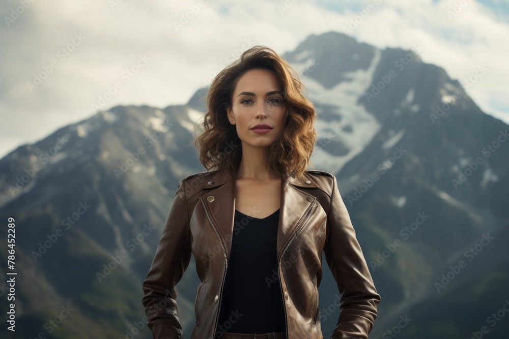 Portrait of a blissful woman in her 30s sporting a stylish leather blazer on backdrop of mountain peaks