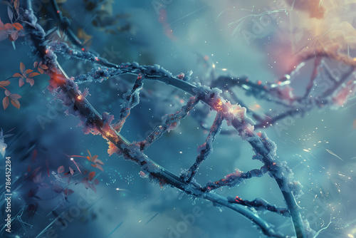 artistic representation of DNA strands intertwined with futuristic elements, illustrating the elegant fusion of biology and technology in medical advancements.