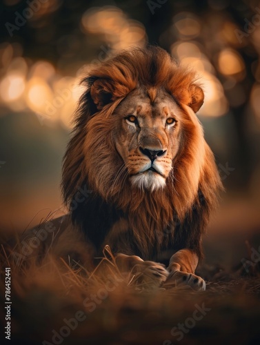  Majestic Lion Roaming the Vast Savannah Landscape at Sunset © willian