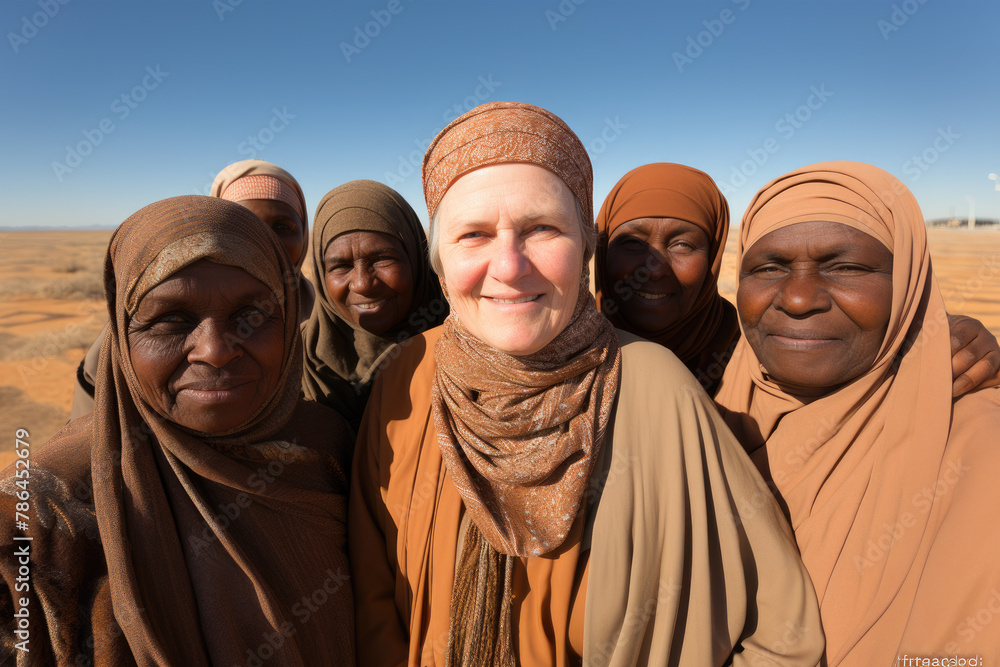 Happy diverse women in hijab standing in desert