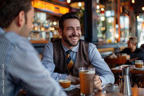 Happy businessman in meeting with colleague at cafe photo