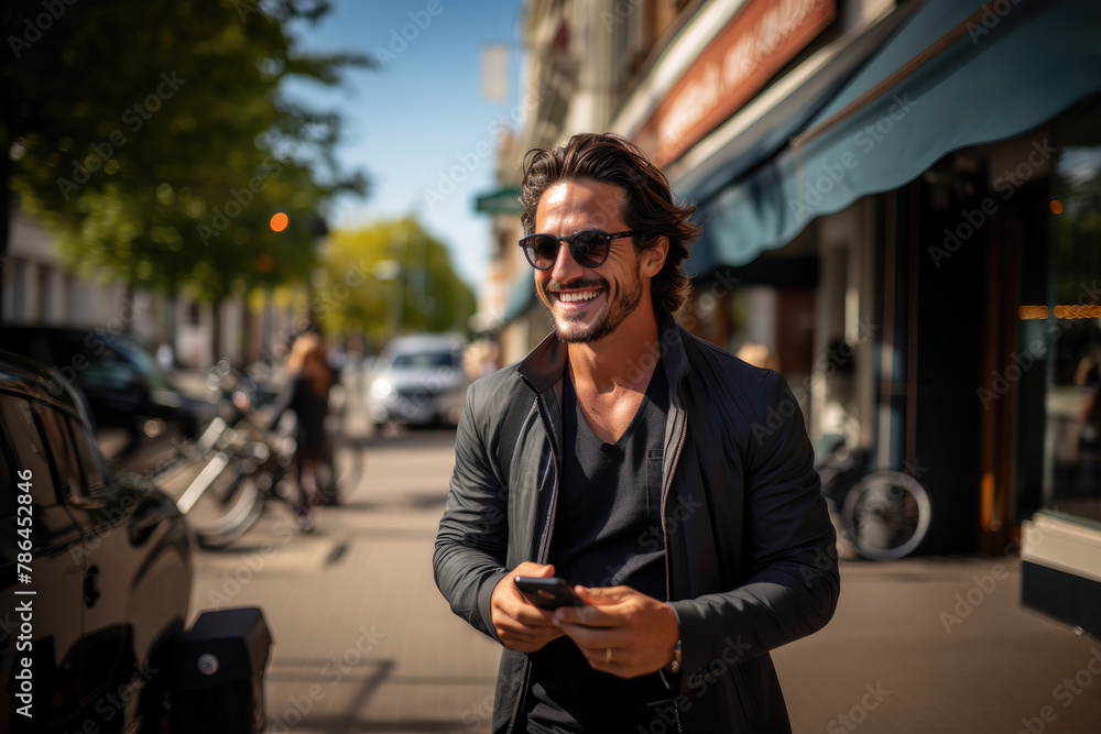 Positive young male using smartphone on street Positive young male using smartphone on street