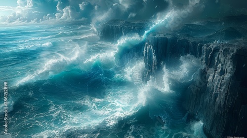 Illustrate the energy of crashing waves against rugged cliffs