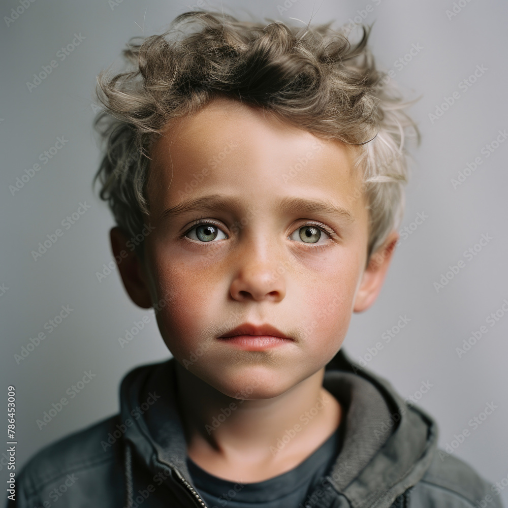 Cute kid with short hair and in hoodie standing against gray backdrop Cute kid with short hair and in hoodie standing against gray backdrop