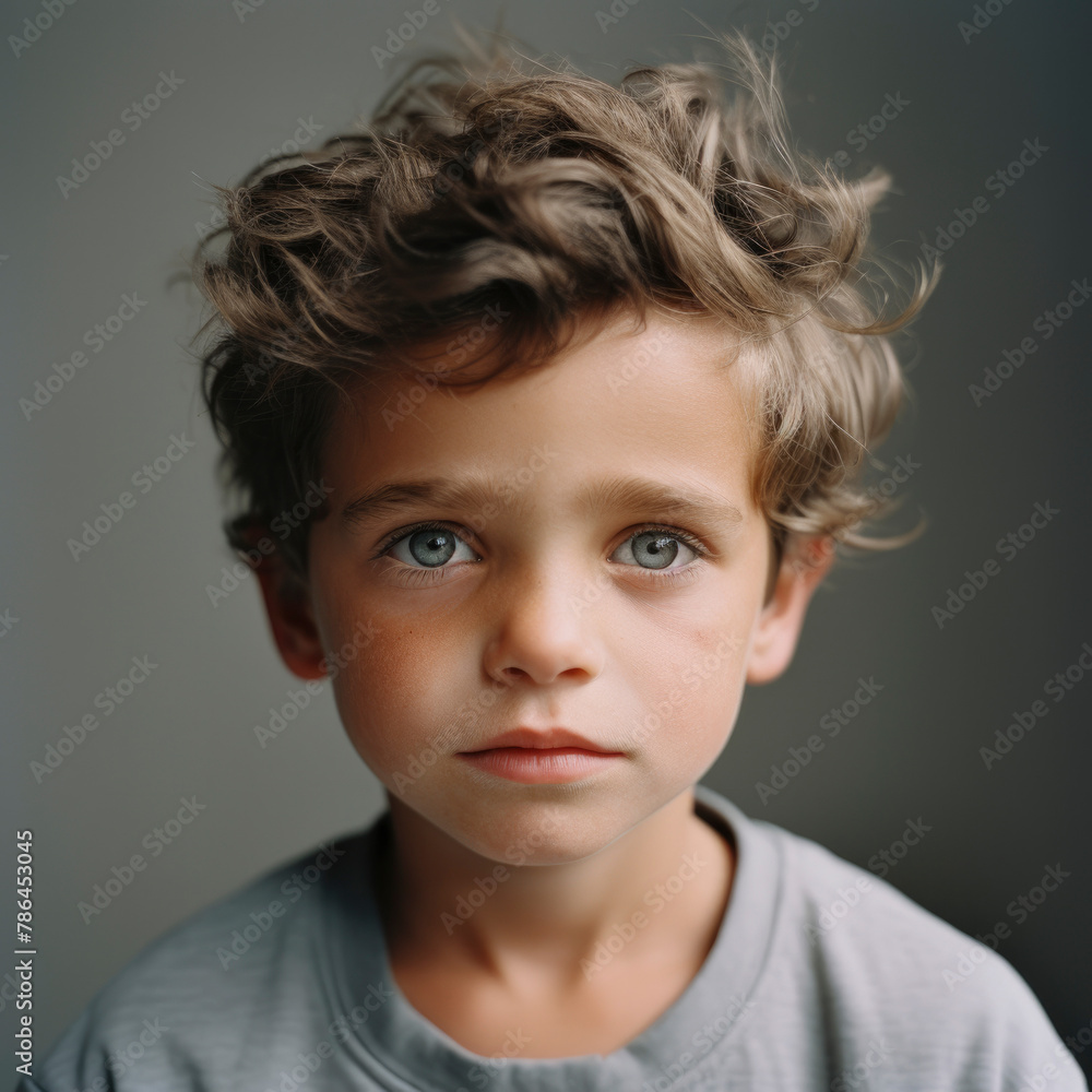 Charming kid with brown hair standing near gray wall Charming kid with brown hair standing near gray wall