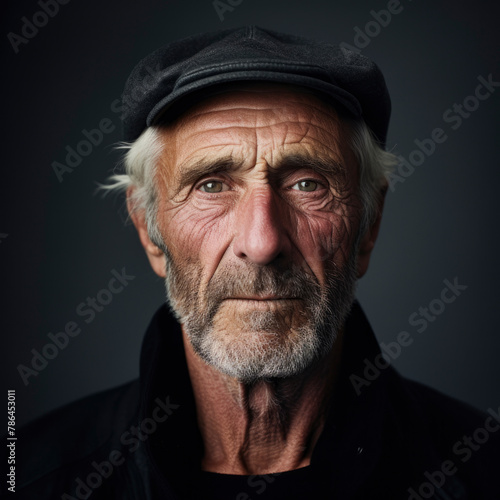 Unshaven aged man in cap standing near gray backdrop