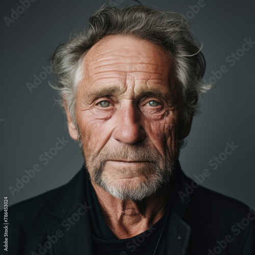 Serious elderly bearded man standing near gray backdrop