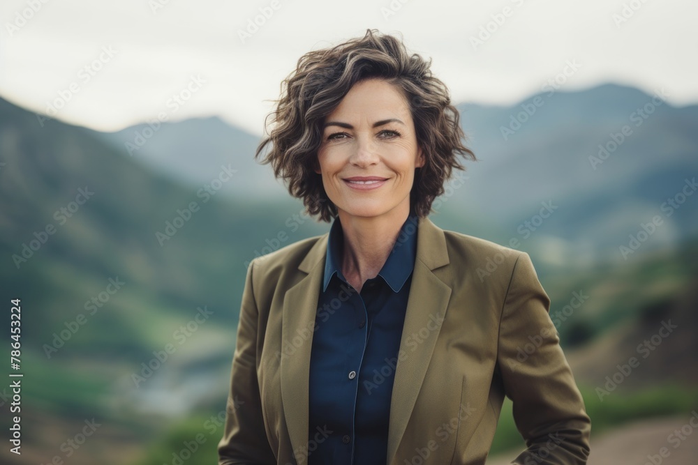 Portrait of a grinning woman in her 50s dressed in a stylish blazer isolated on backdrop of mountain peaks