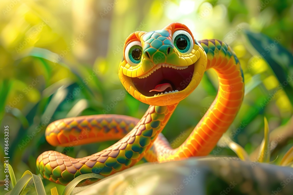 Fototapeta premium Expressive Cartoon Snake Character in Vivid Colors with Engaging Eye Contact