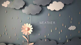 Cute Paper style illustration, small flower and dark gray clouds above it, paper rain, simple and clean, three-dimensional, 3d, caption 