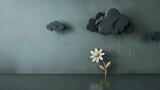 Cute Paper style illustration, small flower and dark gray clouds above it, paper rain, simple and clean, three-dimensional, 3d, caption 