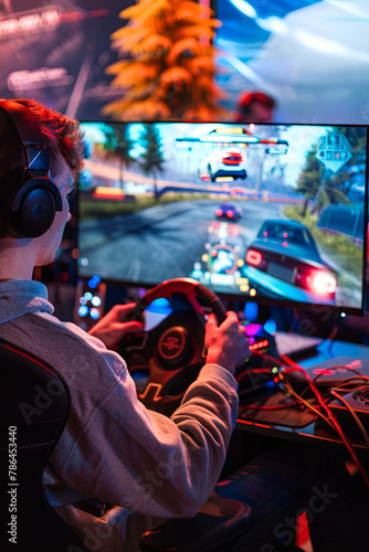 Gamer playing on computer simulator race of car © Fabio
