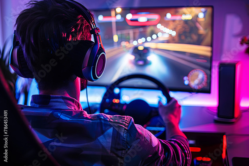 Gamer playing on computer simulator race of car