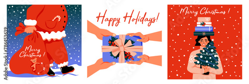 Set of winter greeting cards. Merry Christmas. Happy Holidays.Hands with gift box. Santa Claus with bag of gifts, presents. Woman with Christmas tree.  Perfect for a postcard or poster