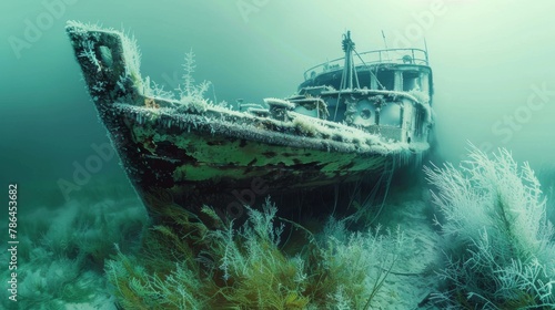 Ancient shipwreck entombed in frost and algae, frozen in a perpetual state of decay beneath the icy depths photo